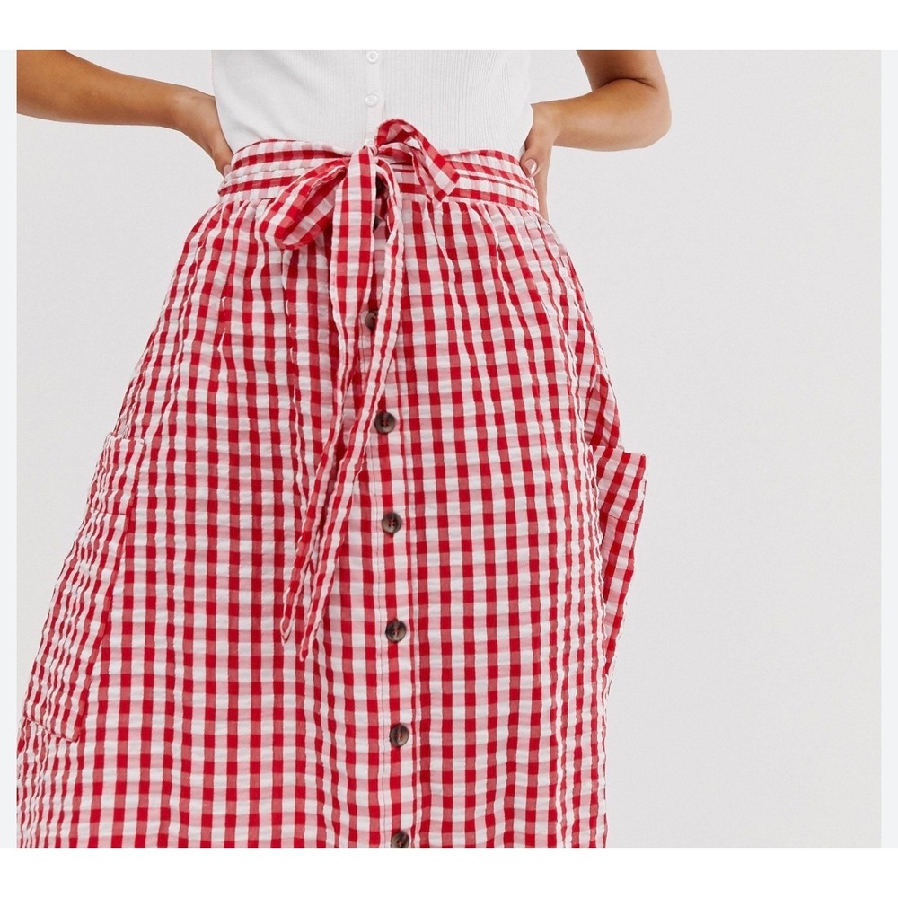 ASOS 2 Red Gingham Button Front Midi Skirt Tie Waist Pockets Picnic Summer Retro